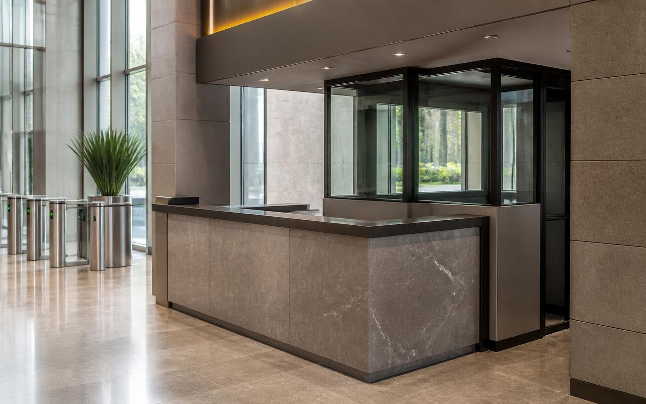 Balcão de portaria e controle de acesso em lobby corporativo